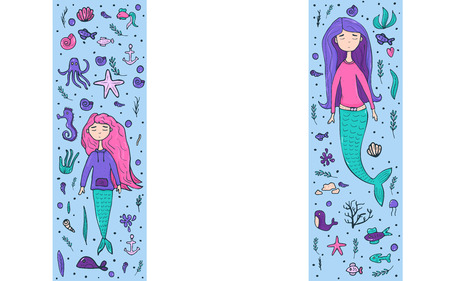 Mermaid and sea banners template. Vector illustration.のイラスト素材