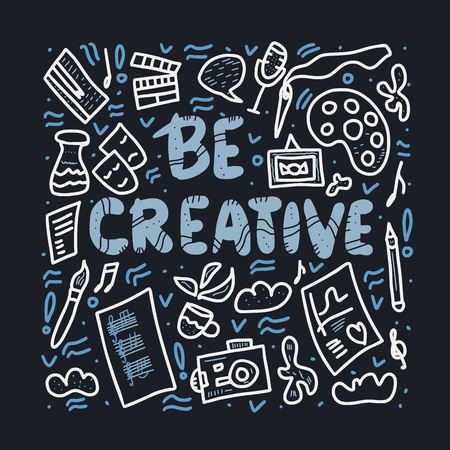 Be creative concept. Lettering with art symbols. Handwritten  quote with decoration. Phrase for posters, banners, ad. Vector illustration.のイラスト素材