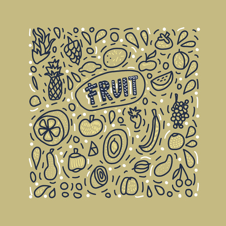 Fruit vector concept in doodle style. Set of fresh apple, pear, orange, mango, lemon and lettering. Square poster composition.のイラスト素材
