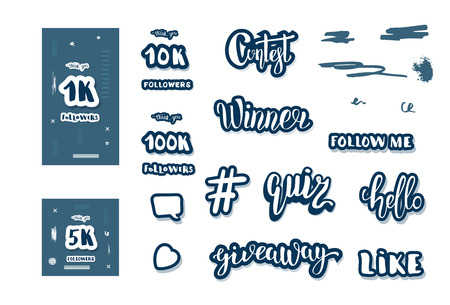 Set of  social media templates and elements. Banners  and decoration for internet networks.  1K, 5K, 10K,  100K followers thank you congratulation posts. Vector illustration.のイラスト素材