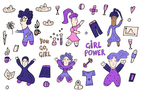 Vector illustration of girl power. Set in doodle style with different female characters.のイラスト素材