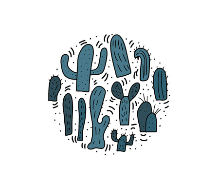 Vector cactus design set.  Circle composition in doodle style.のイラスト素材