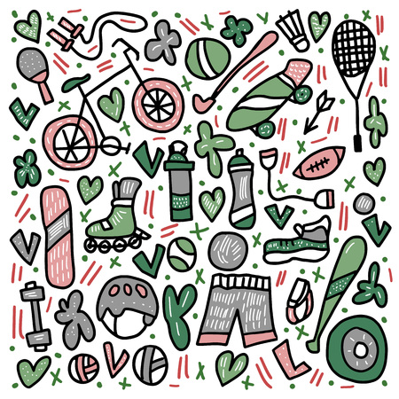 Sport activities. Healthy lifestyle tools,  symbols in doodle style. Fitness vector concept.のイラスト素材
