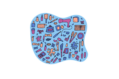 Vector beauty items. Set of doodle style cosmetic tools. Makeup collection.のイラスト素材