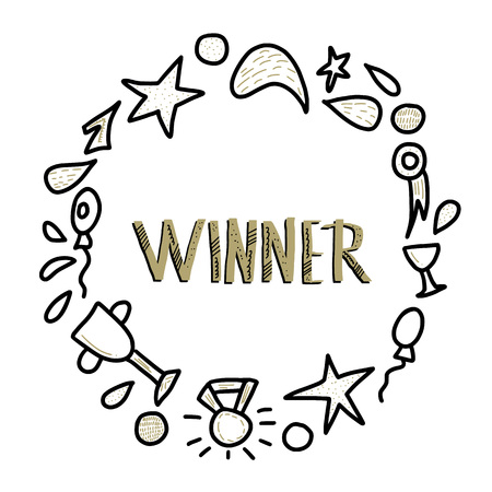 Winner lettering with round frame decoration. Hanwritten quote conceptual illustration. Vector design.のイラスト素材
