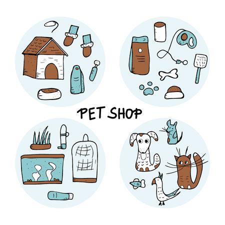 Set of round badges of pet shop elements. Collection of vector domestics animal care symbols in doodle style.のイラスト素材