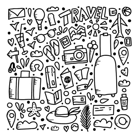 Set of travel symbols in doodle style. Hand drawn vector trip elements isolated on white background. Black and white design elements illustration. Square poster.のイラスト素材