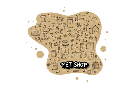 Pet shop concept. Set of vector domestics animal care symbols in doodle style.のイラスト素材