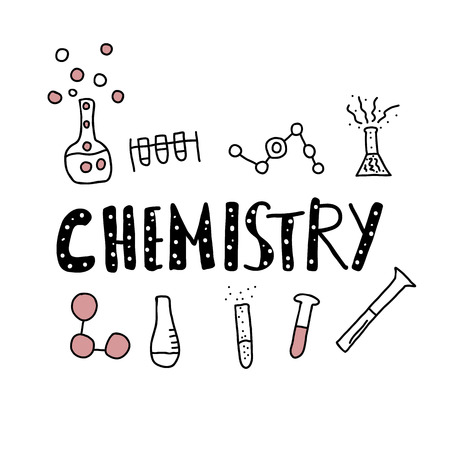 Chemistry handwritten lettering with objects in doodle style. Science research symbols isolated on white background. Vector illustration.のイラスト素材