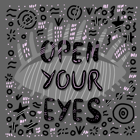 Open your eyes handwritten lettering with decoration. Poster vector template with quote. Blue color illustration.のイラスト素材