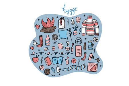 Hygge concept. Vector isolated symbols of comfort in doodle style. Set of warm clothes and cozy elements.のイラスト素材