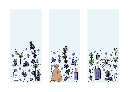 Set of vertical banner templates of lavender composition in doodle style. Social media backgrounds of flowers elements with space for text. Vector illustration.のイラスト素材