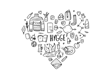 Hygge heart concept. Vector isolated symbols set of comfort in doodle style. collection of warm clothes and cozy elements in black and white design.のイラスト素材