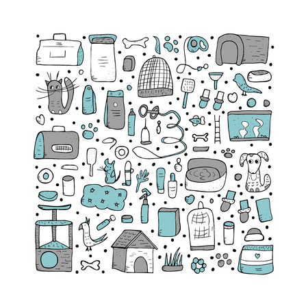 Pet shop concept. Set of vector domestics animal care symbols in doodle style. Square poster composition.のイラスト素材