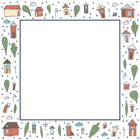 Vector frame of houses, trees and clouds. Square border composition in doodle style.のイラスト素材