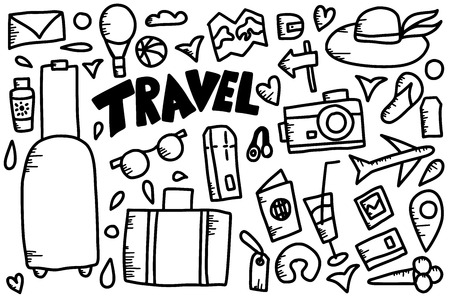 Travel symbols collection in doodle style. Hand drawn trip elements isolated on white background. Vector sketch illustration.のイラスト素材
