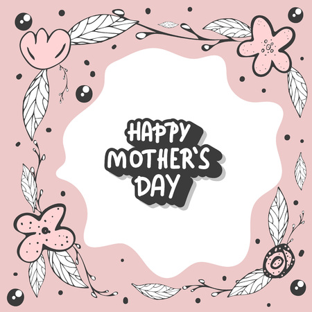 Happy Mothers Day lettering with wild flowers decoration. Greeting card with handwritten quote. Vector color illustration.のイラスト素材
