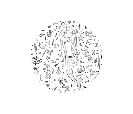 Round composition of mermaid and sea set in doodle style. Circle concept of sketch underwater elements. Vector illustration.のイラスト素材