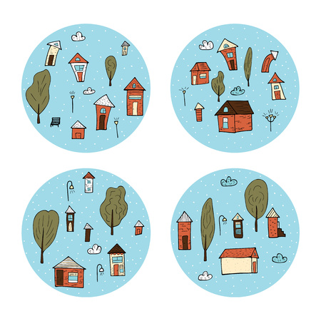 Set of round badges of vector houses, trees and clouds. Circle composition in doodle style.のイラスト素材
