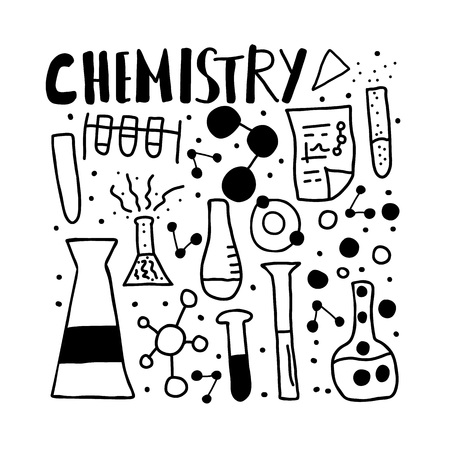 Chemistry objects in doodle style. Science research symbols isolated on white background. Vector poster sketch illustration.のイラスト素材