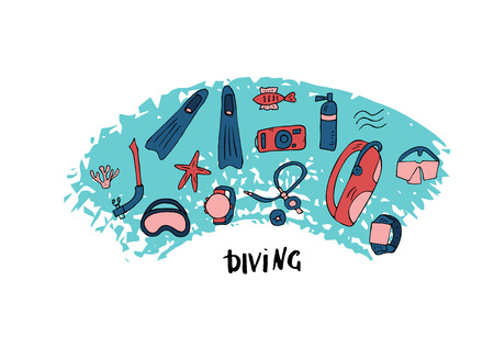 Diving set of elements  and equipment. Underwater activity symbols and accessories. Scuba mask, aqualung and other diving gears. Vector color conceptual illustration.のイラスト素材