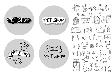 Pet shop logo concept. Set of vector domestics animal care symbols in doodle style.のイラスト素材