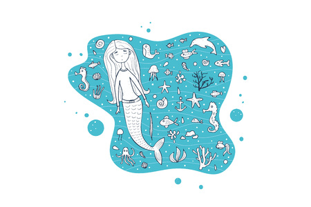 Mermaid and sea set in doodle style. Vector illustration.のイラスト素材