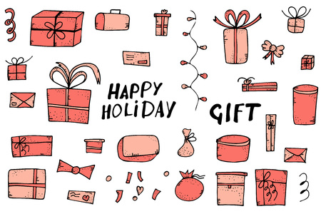 Set of gift boxes on white background. Collection of holiday presents in doodle style. Vector illustration.のイラスト素材