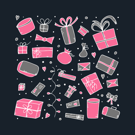 Set of gift boxes. Collection of holiday presents on dark background. Poster template in doodle style. Vector illustration.のイラスト素材
