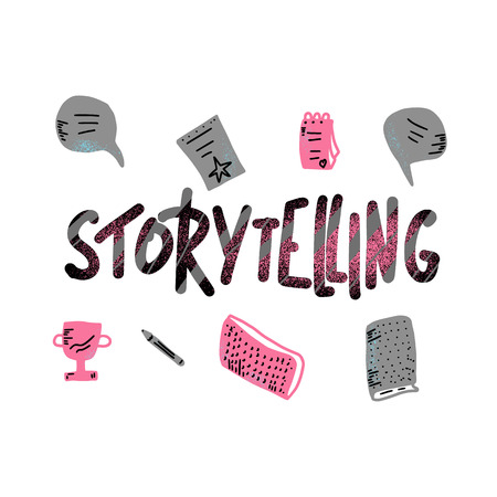 Storytelling handwritten lettering with  hand drawn decoration. Vector color illustration in flat style.のイラスト素材