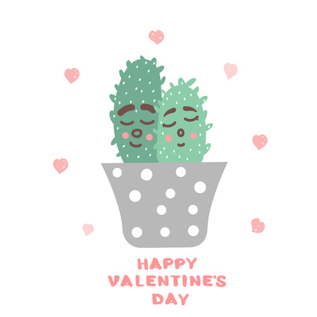 Happy Valentines Day card template. Handwritten lettering with couple of cute cactuses. Vector illustration.のイラスト素材