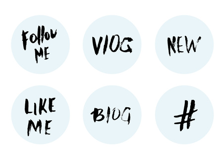 Follow me, Vlog, New, Blog, Like me. Set of grunge handwritten lettering for social media network. Vector illustration.のイラスト素材