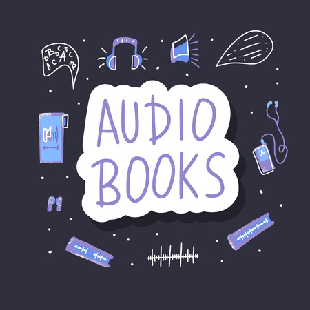 Audiobooks concept. Set of audio book symbols with sticker lettering. Vector illustration.のイラスト素材