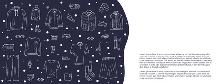 social media banners template with men apparel and accessories. Collection of male clothes, shoes.  Vector illustration.のイラスト素材