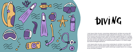 Social media banners template with scuba diving elements  and equipment. Underwater activity symbols and accessories. Diver mask, aqualung and other items background. Vector color illustration.のイラスト素材