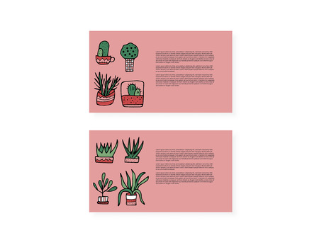 Set of cards with succulents in doodle style. Set of house plants. Poster, banner, greeting card, print isolated elements. Vector color illustration.のイラスト素材