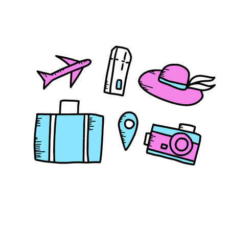 Set of travel symbols in doodle style. Hand drawn vector trip elements isolated on white background. Color illustration.のイラスト素材