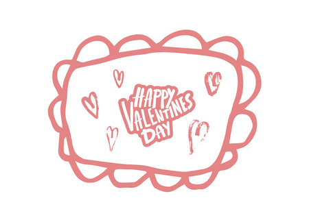 Happy Valentines Day greeting card template. Handwritten lettering with frame and hearts decoration. Vector illustration.のイラスト素材