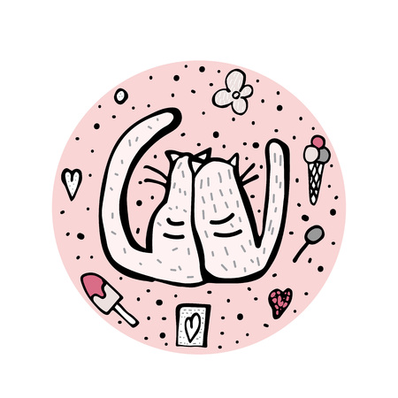 Happy Valentines Day greeting card template with two hug cats. Round badge in doodle style. Vector illustration.のイラスト素材