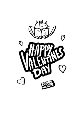 Happy Valentines Day greeting card template. Handwritten lettering with cats in balck and white design. Vector illustration.のイラスト素材