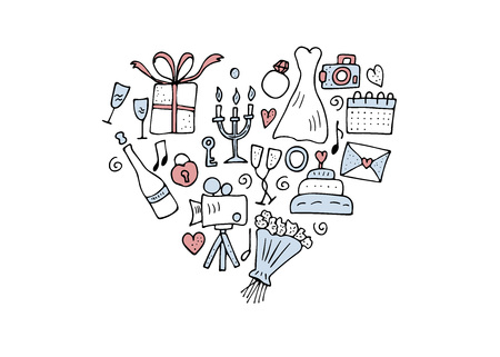 Wedding heart composition. Holiday elements in doodle style isolated on white background. Vector conceptual illustration.のイラスト素材