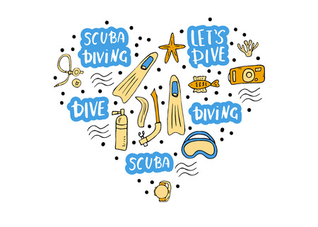 Scuba diving heart concept with elements  and equipment. Underwater activity symbols, lettering and accessories. Diver mask, aqualung, snorkel, flippers and other gears items. Vector illustration.のイラスト素材
