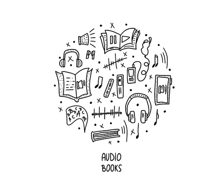 Round audiobooks concept. Set of audio book symbols with lettering. Vector black and white design illustration.のイラスト素材