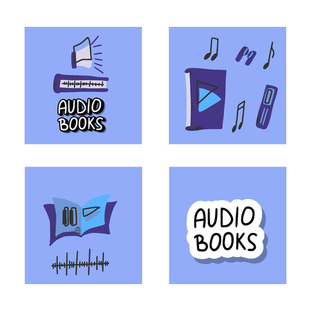 Audiobooks concept. Set of audio book symbols with lettering. Vector illustration.のイラスト素材
