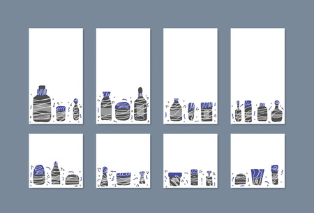 Set of social media templates with beauty supplies. Hygiene vials, tubes and packages in flat style. Backgrounds for stories and posts. Vector illustration.のイラスト素材