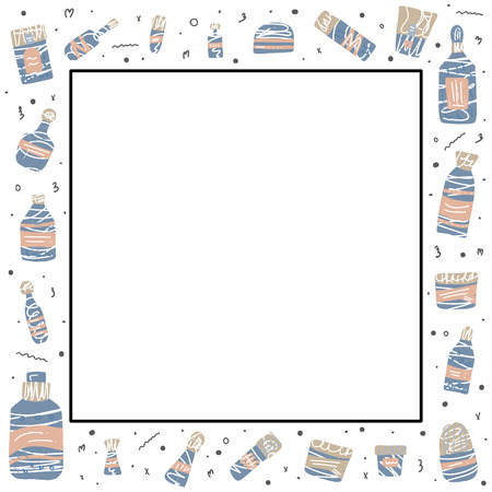 Frame of beauty supplies. Hygiene vials, tubes and packages in flat style. Vector illustration.のイラスト素材