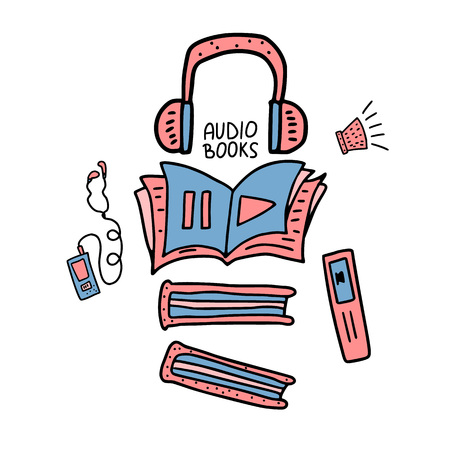Audiobooks concept. Set of audio book symbols with lettering. Vector illustration.のイラスト素材