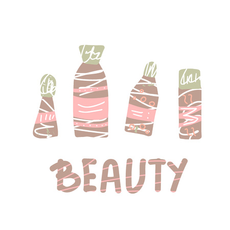 Set of beauty supplies. Hygiene vials, tubes in flat style and lettering Beauty. Vector illustration.のイラスト素材