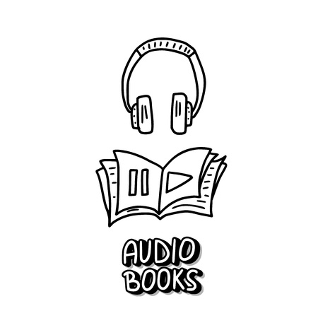 Audiobooks composition in doodle style. Set of audio book symbols with lettering. Vector conceptual illustration.のイラスト素材