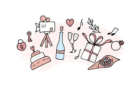 Wedding set. Holiday elements in doodle style. Vector illustration.のイラスト素材